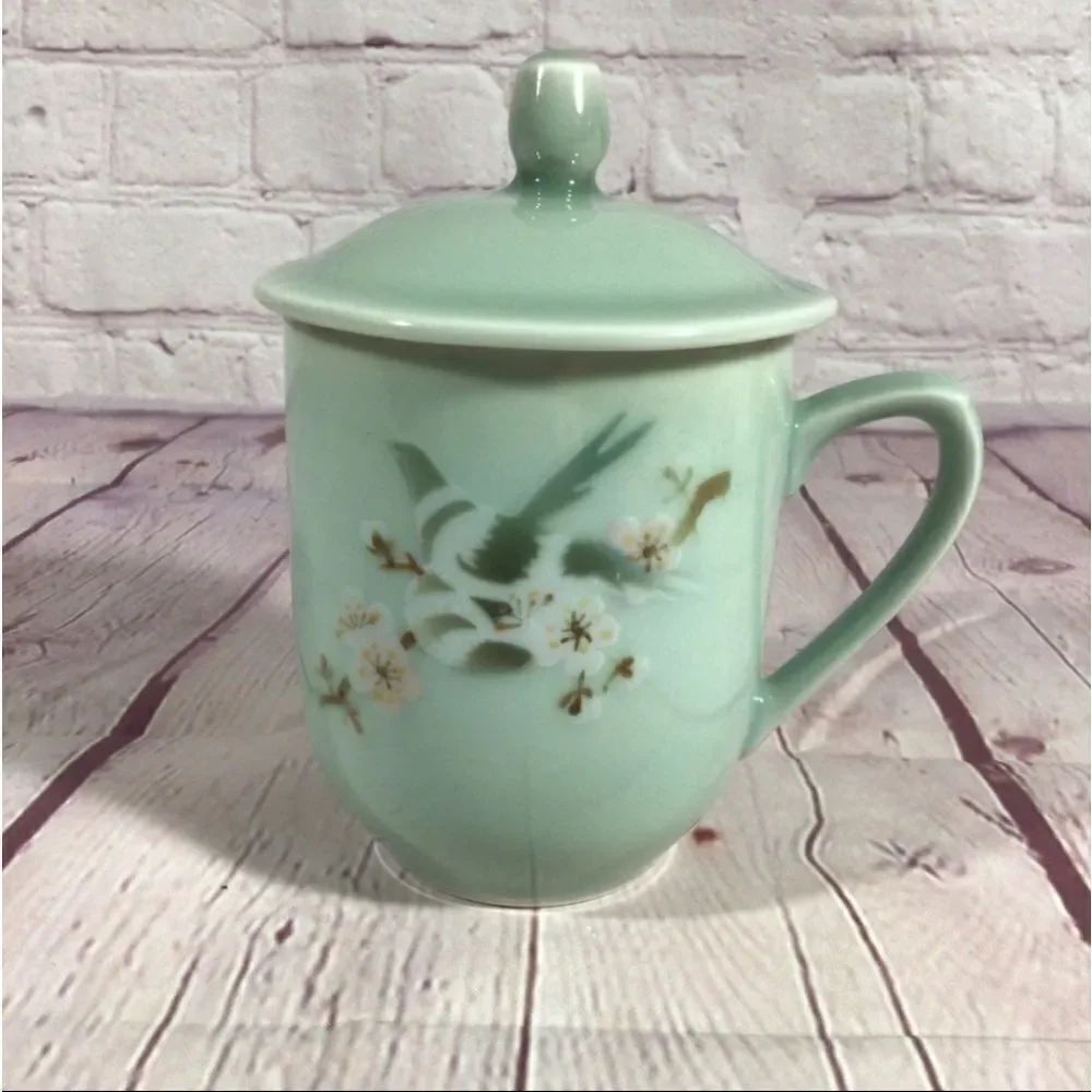 Vintage Green Ceramic Handled Mug with Lid Bird Floral Design